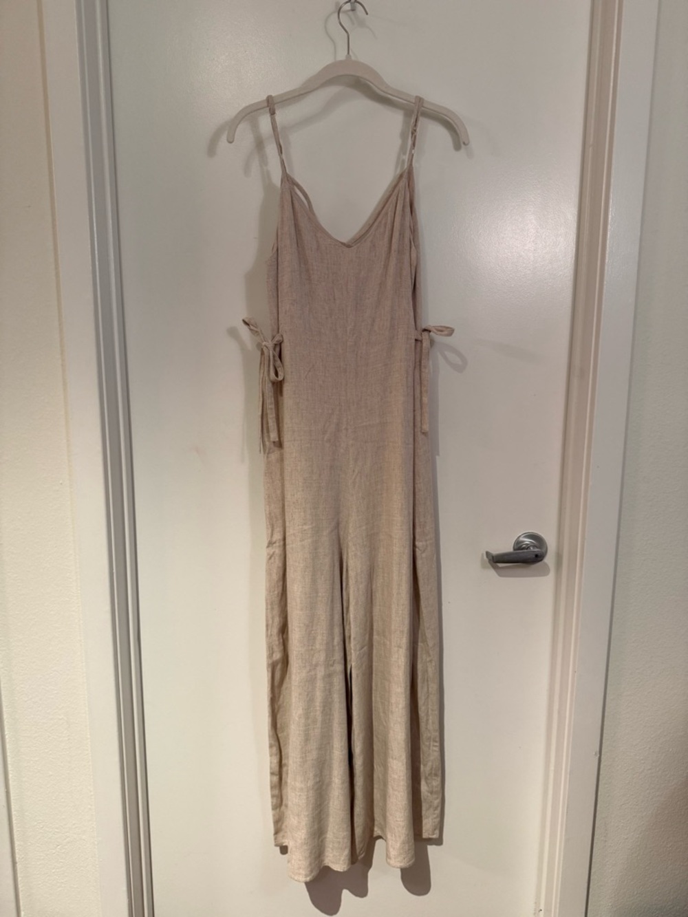 Beige Linen-Blend Sleeveless Jumpsuit with Side Ties